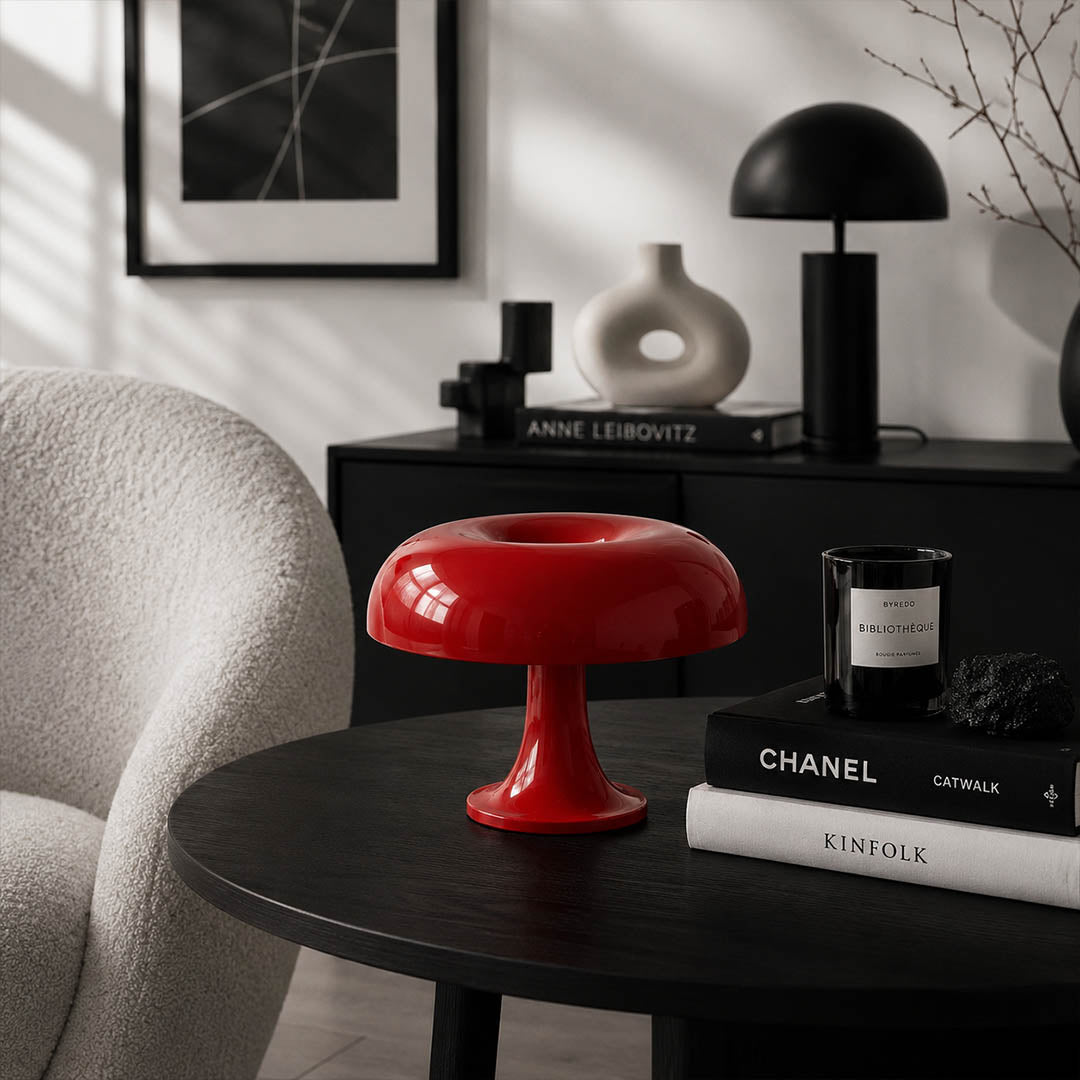 Nesso table lamp red modern boho eclectic reading corner armchair side table 1965 Italian mushroom design icon Compasso d'Oro vibrant playful sophisticated American home lifestyle interior
