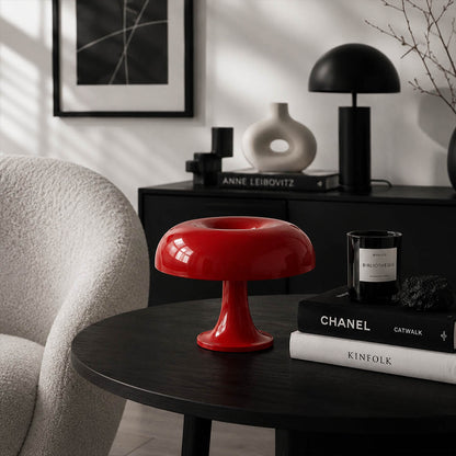 Nesso table lamp red modern boho eclectic reading corner armchair side table 1965 Italian mushroom design icon Compasso d'Oro vibrant playful sophisticated American home lifestyle interior