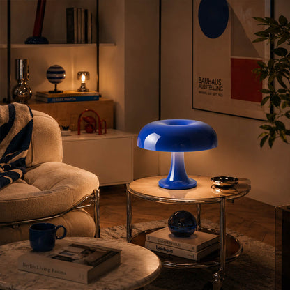 Nesso table lamp red modern boho eclectic reading corner armchair side table 1965 Italian mushroom design icon Compasso d'Oro vibrant playful sophisticated American home lifestyle interior