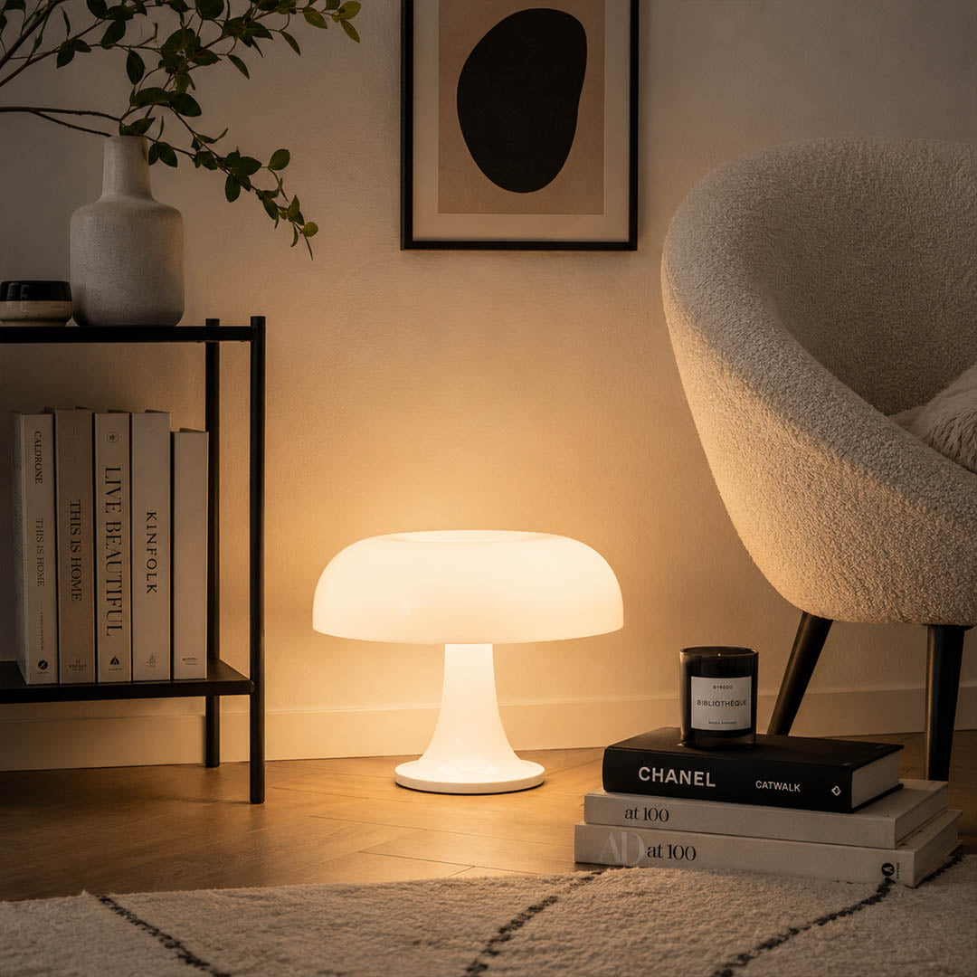 Nesso table lamp red modern boho eclectic reading corner armchair side table 1965 Italian mushroom design icon Compasso d'Oro vibrant playful sophisticated American home lifestyle interior