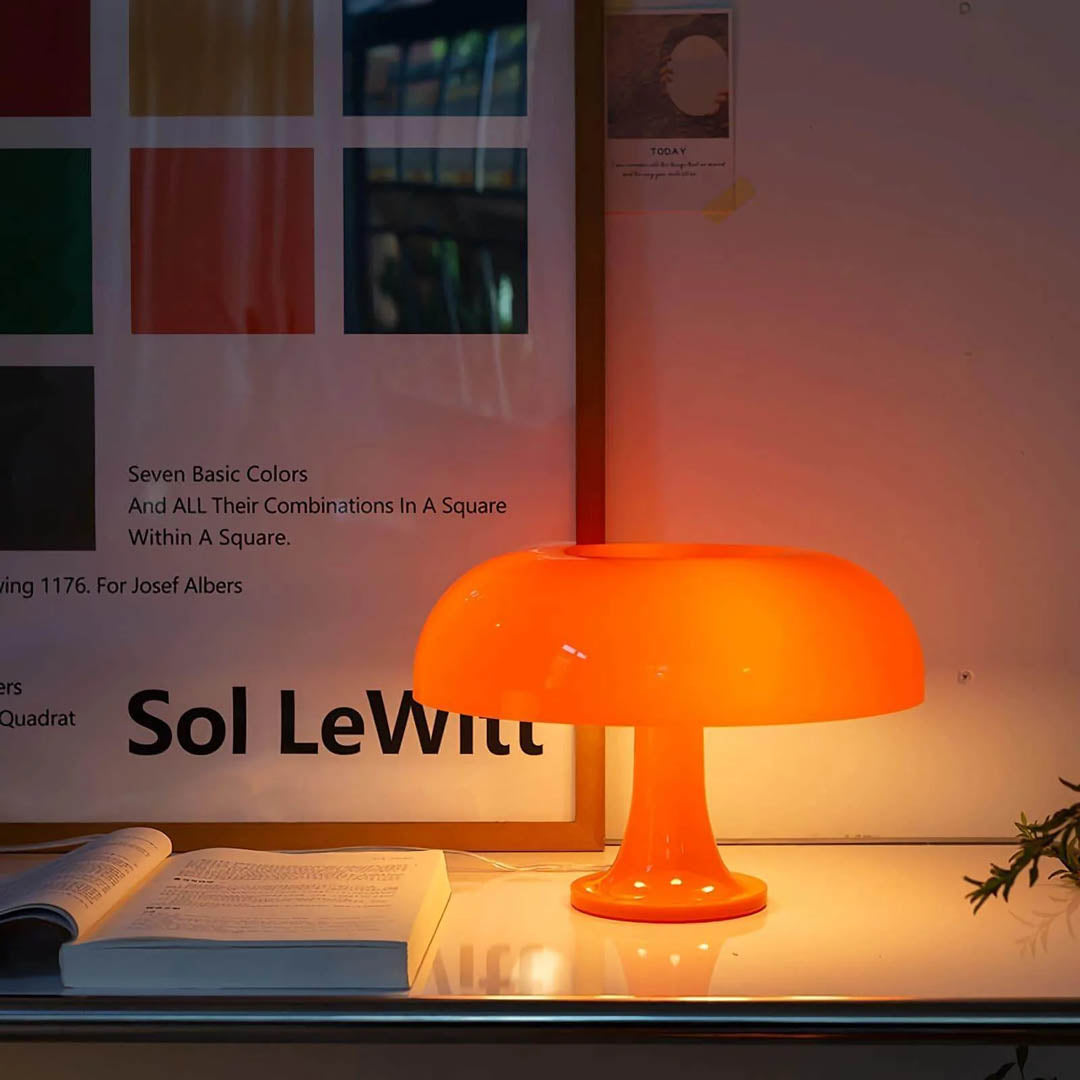 Nesso table lamp red modern home library reading corner side table 1965 Italian mushroom design icon Compasso d'Oro sophisticated intellectual American home lifestyle interior