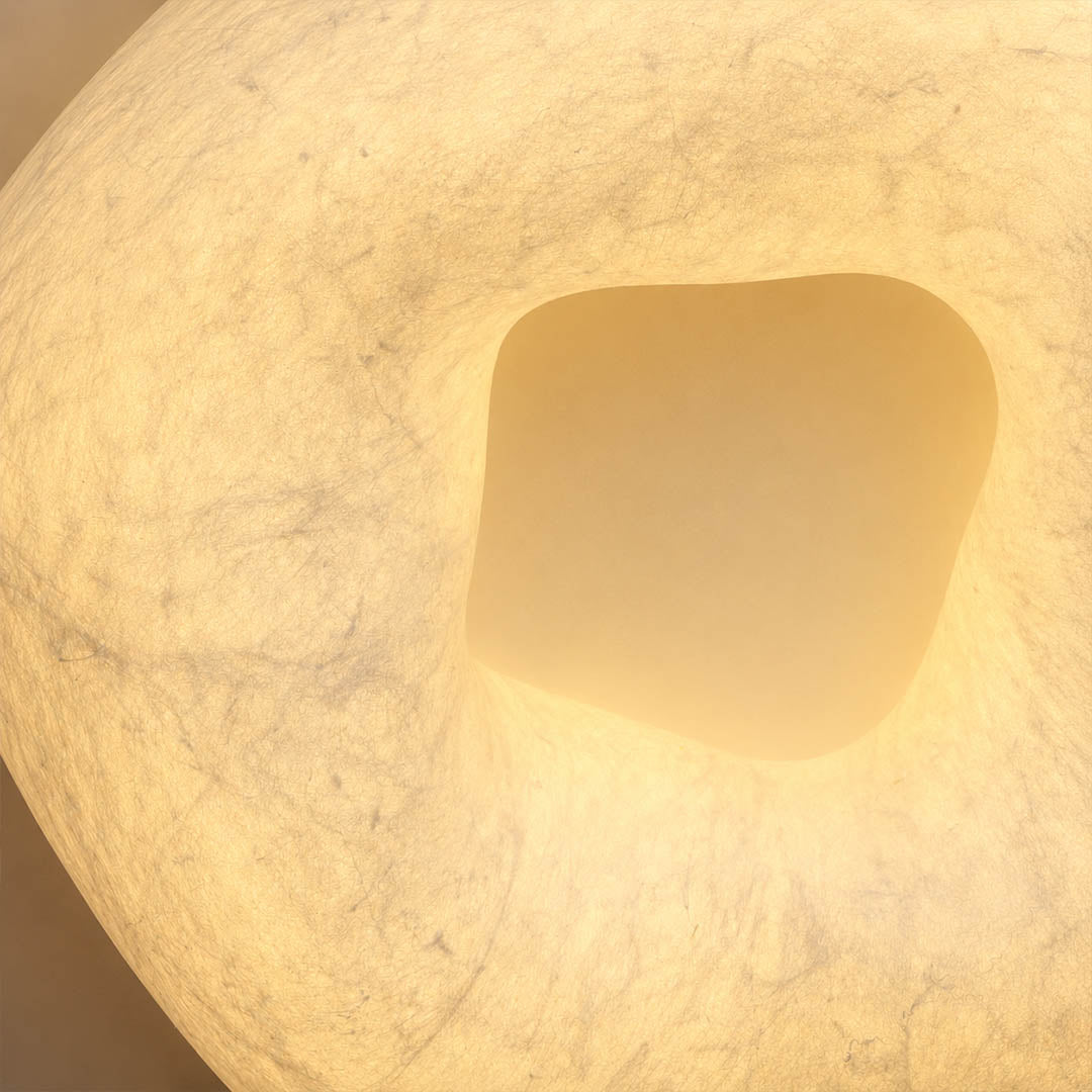 Nimbus hundreds silk layers light scatter warm glow LED illumination translucent depth luminosity detail close up premium craftsmanship