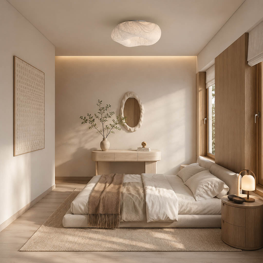 Nimbus mulberry silk cloud ceiling lamp Scandinavian modern bedroom white oak linen minimalist serene warm ambient glow lifestyle interior
