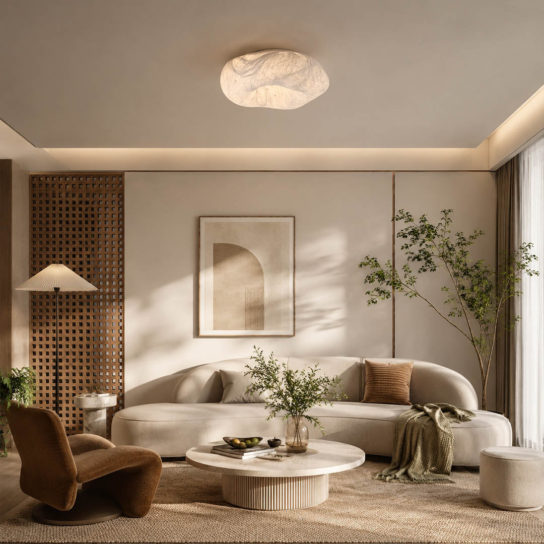 Nimbus mulberry silk cloud ceiling lamp Wabi Sabi living room natural wood stone ceramic serene minimalist warm ambient glow lifestyle interior