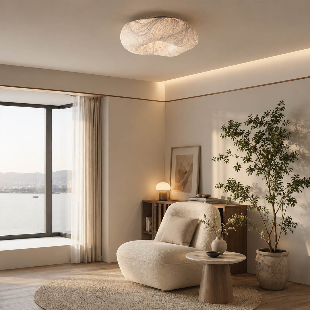 Nimbus mulberry silk cloud ceiling lamp Japanese tea room tatami natural wood ceramic Zen minimalist serene warm ambient glow lifestyle interior
