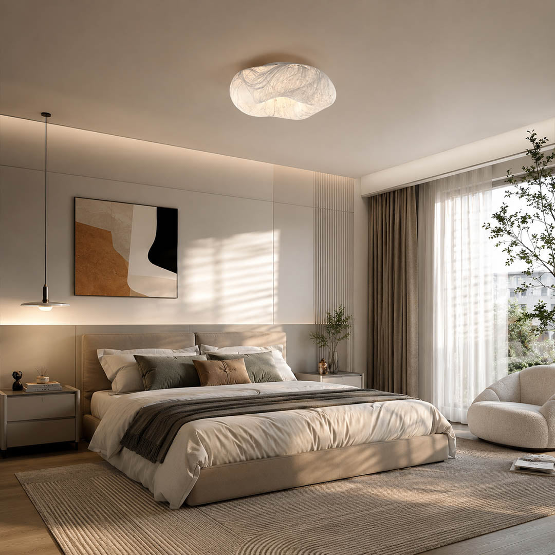 Nimbus mulberry silk cloud ceiling lamp Japandi primary bedroom linen oak minimalist serene warm ambient glow lifestyle interior modern