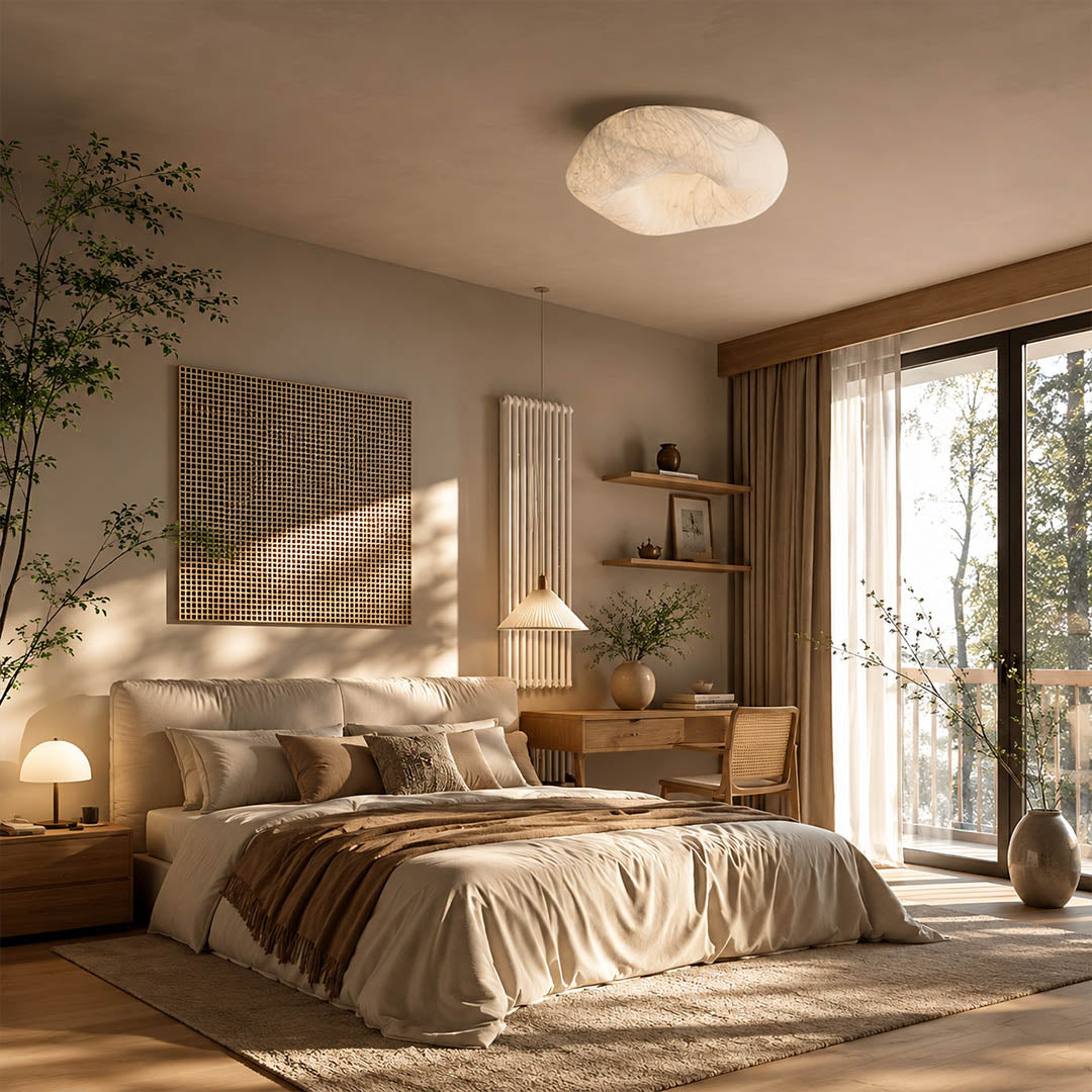 Nimbus mulberry silk cloud ceiling lamp Japandi primary bedroom linen oak minimalist serene warm ambient glow lifestyle interior modern