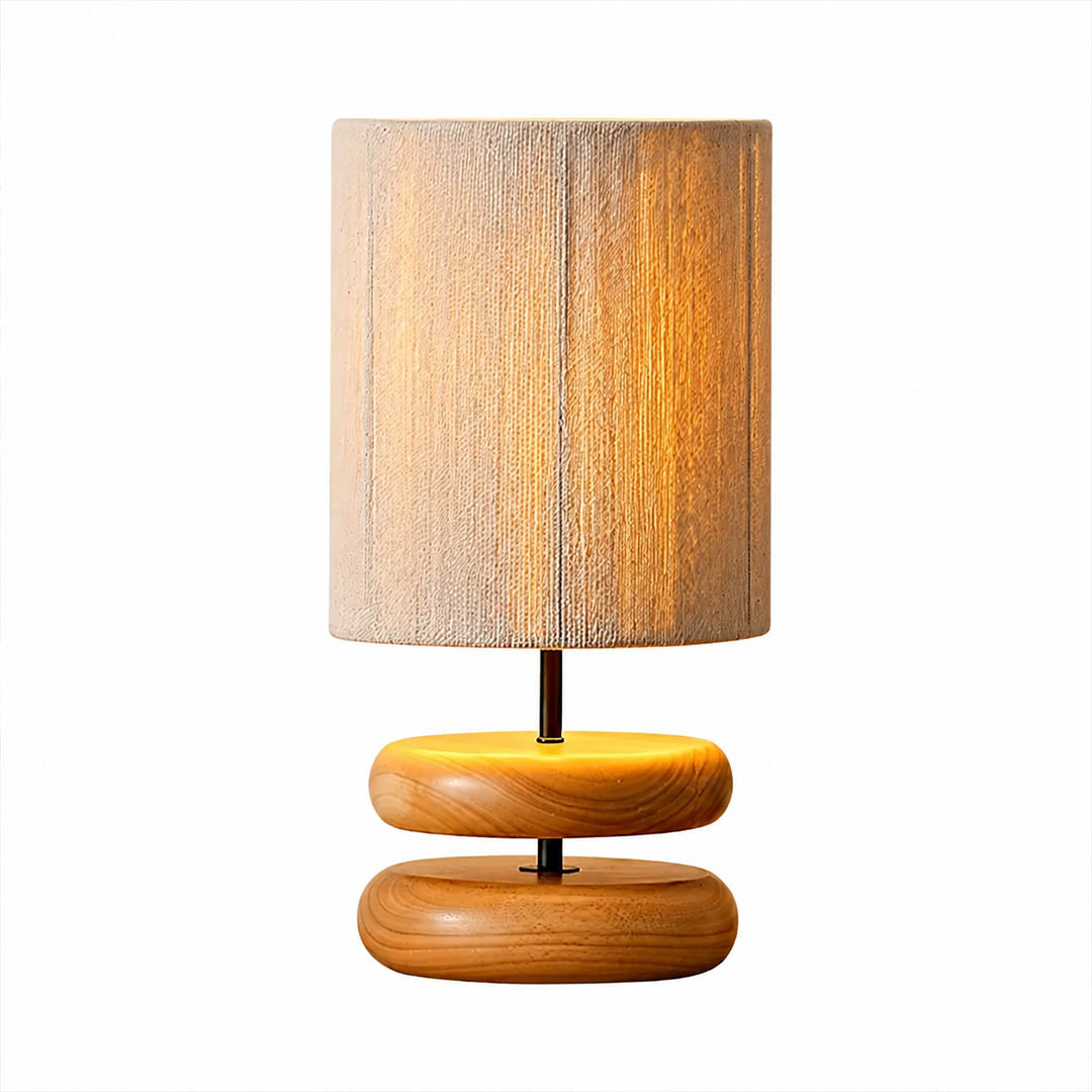 Noda woven wood table lamp natural wood color hand carved hemp woven shade wabi sabi white background front view