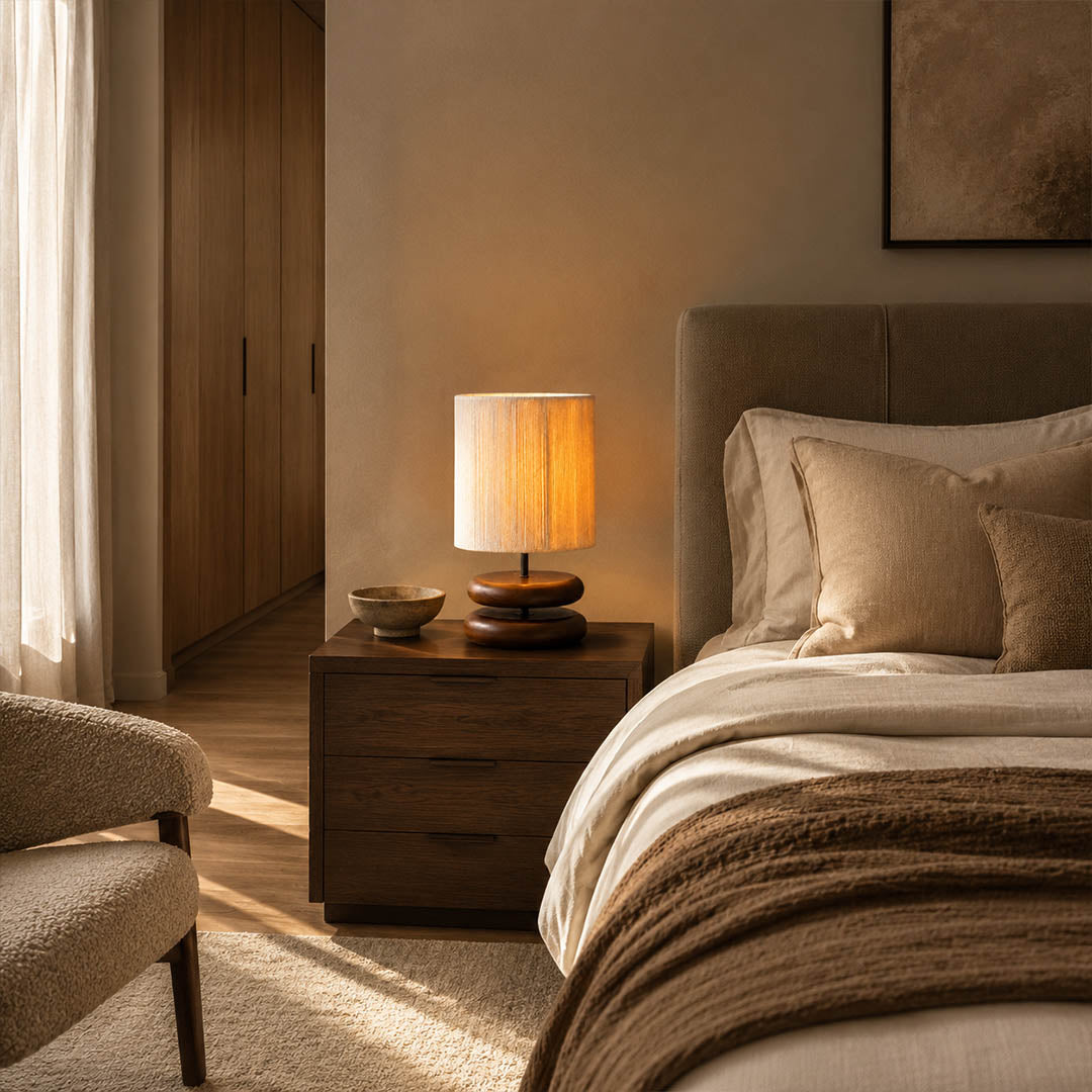 Noda woven wood table lamp bedroom nightstand bedside warm glow wood hemp cozy wabi sabi American home lifestyle interior styled