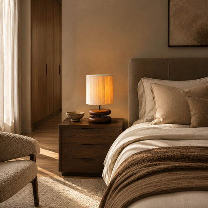 Noda woven wood table lamp bedroom nightstand bedside warm glow wood hemp cozy wabi sabi American home lifestyle interior styled