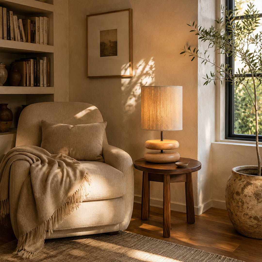 Noda woven wood table lamp desk reading nook wood hemp warm glow natural japandi American home lifestyle interior