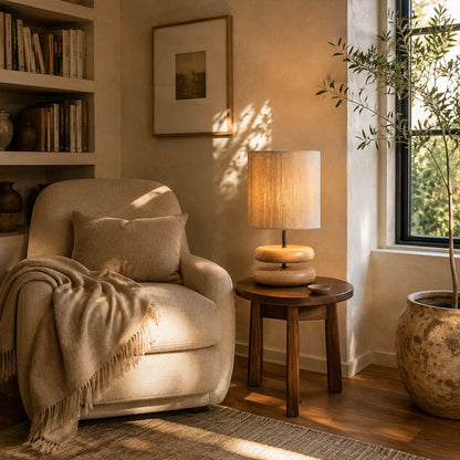 Noda woven wood table lamp desk reading nook wood hemp warm glow natural japandi American home lifestyle interior
