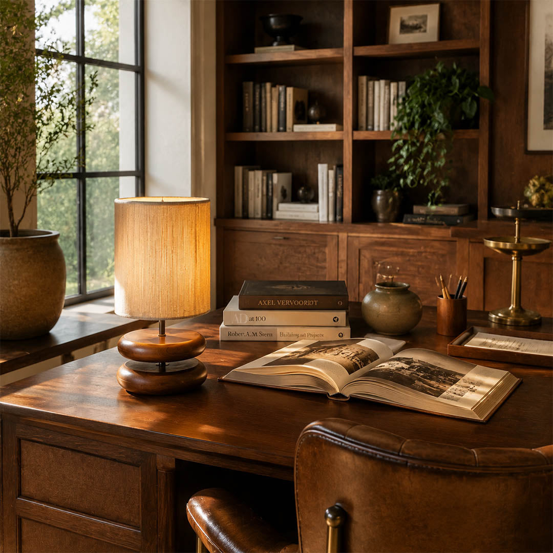 Noda woven wood table lamp desk reading nook wood hemp warm glow natural japandi American home lifestyle interior