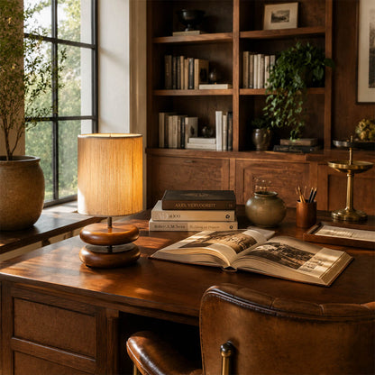 Noda woven wood table lamp desk reading nook wood hemp warm glow natural japandi American home lifestyle interior