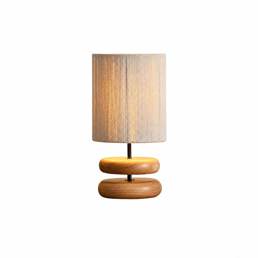 Noda woven wood table lamp natural wood color hand carved hemp woven shade wabi sabi white background front view