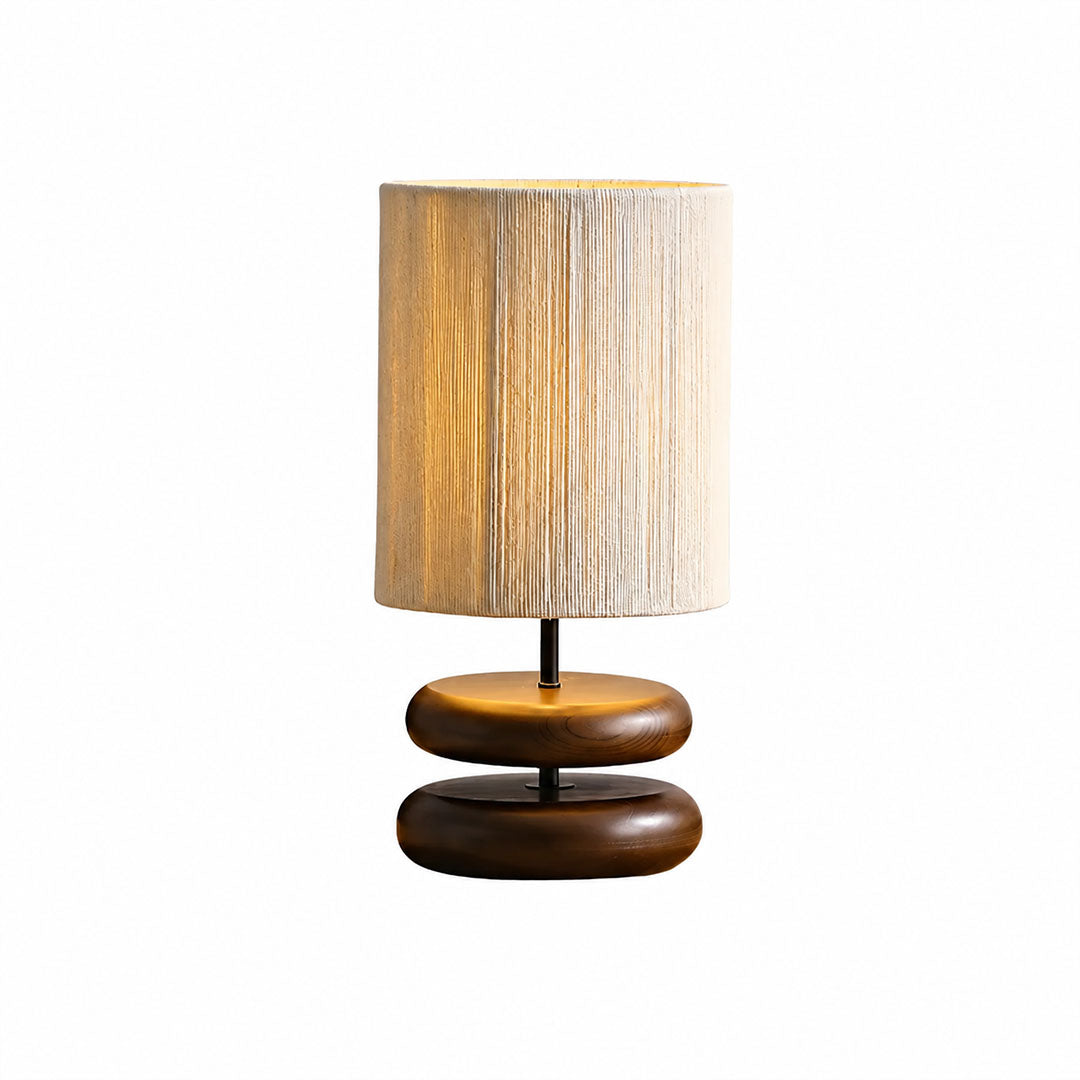Noda woven wood table lamp walnut color hand carved hemp woven shade wabi sabi white background front view