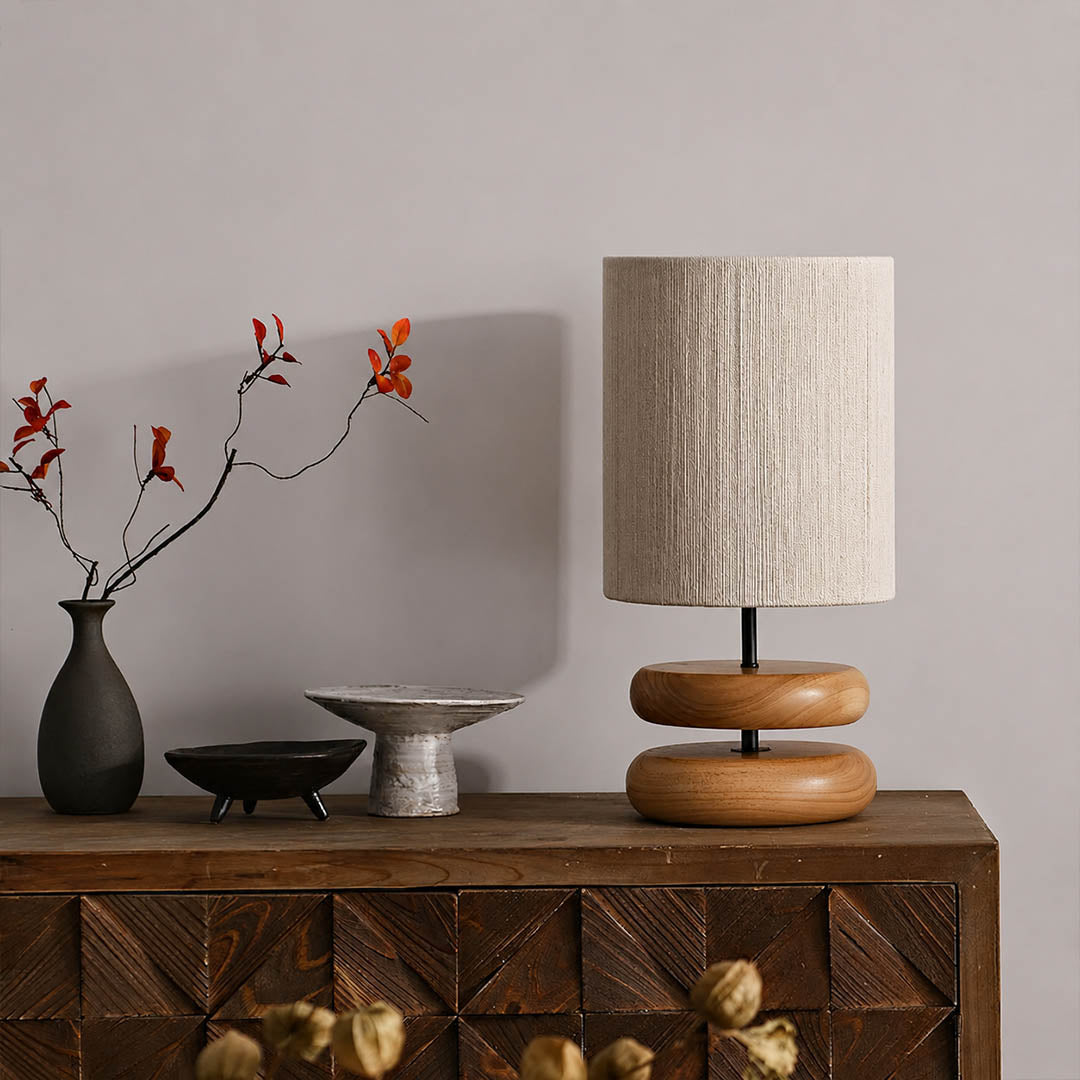 Noda woven wood table lamp living room side table wood hemp woven warm ambient cozy American home lifestyle interior styled