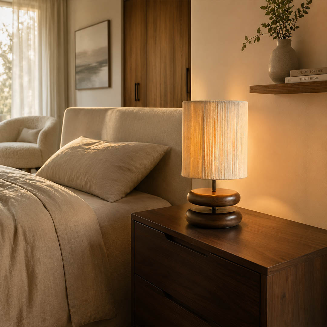 Noda woven wood table lamp bedroom nightstand bedside warm glow wood hemp cozy wabi sabi American home lifestyle interior styled