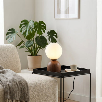 Nomo Wood Table Lamp – Solid Walnut Oval Base with Frosted Glass Dome | Stuberlighting