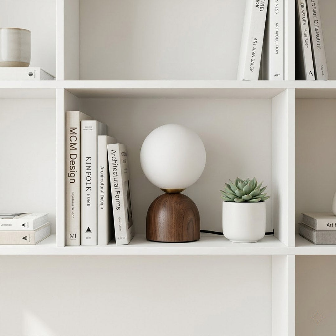 Nomo Wood Table Lamp – Solid Walnut Oval Base with Frosted Glass Dome | Stuberlighting