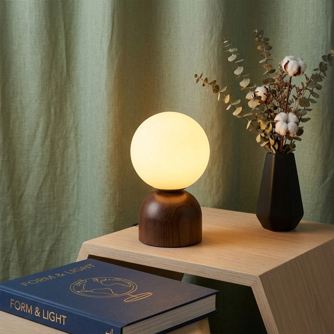 Nomo Wood Table Lamp – Solid Walnut Oval Base with Frosted Glass Dome | Stuberlighting