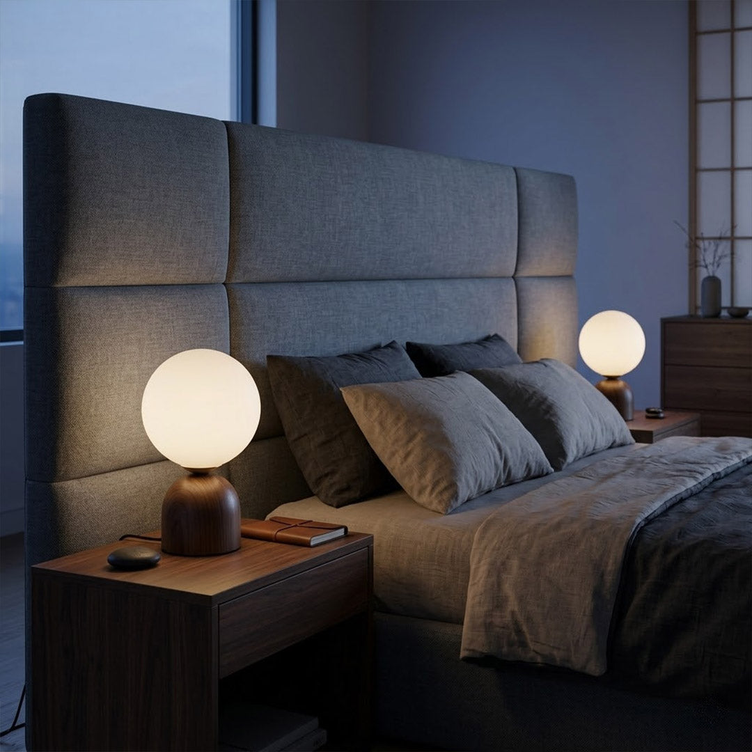 Nomo Wood Table Lamp – Solid Walnut Oval Base with Frosted Glass Dome | Stuberlighting