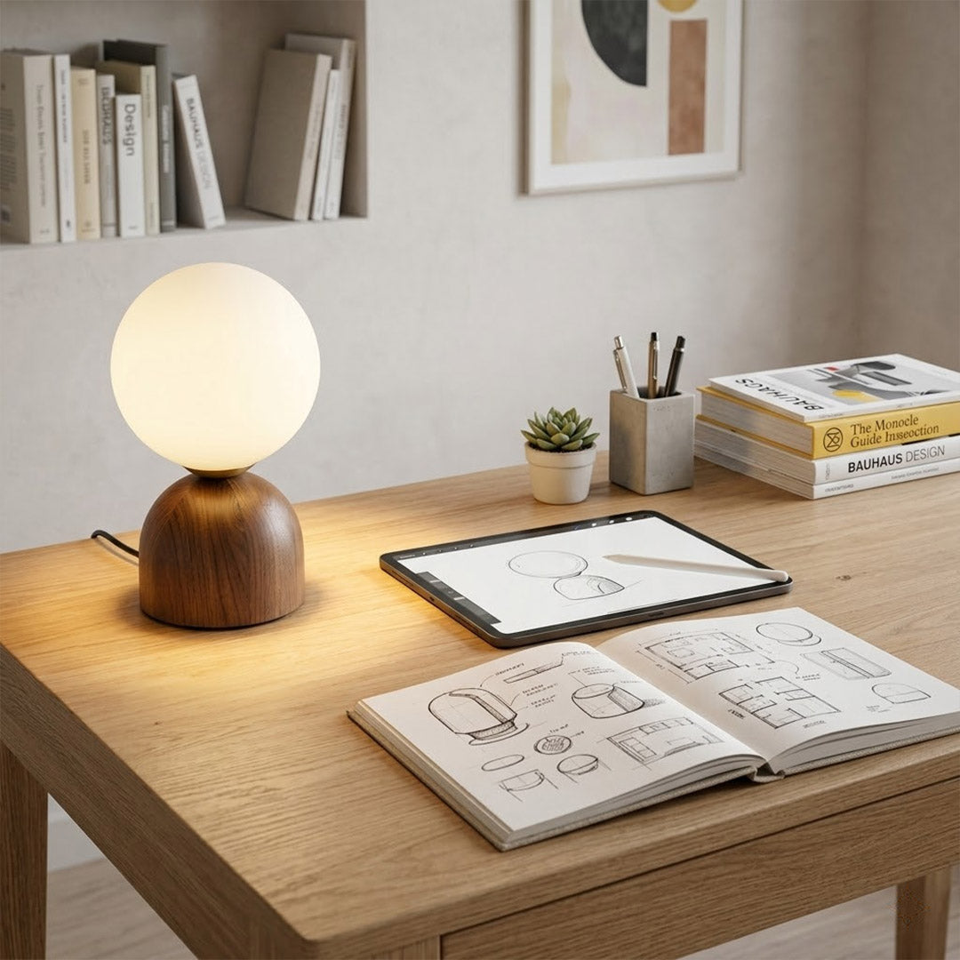 Nomo Wood Table Lamp – Solid Walnut Oval Base with Frosted Glass Dome | Stuberlighting