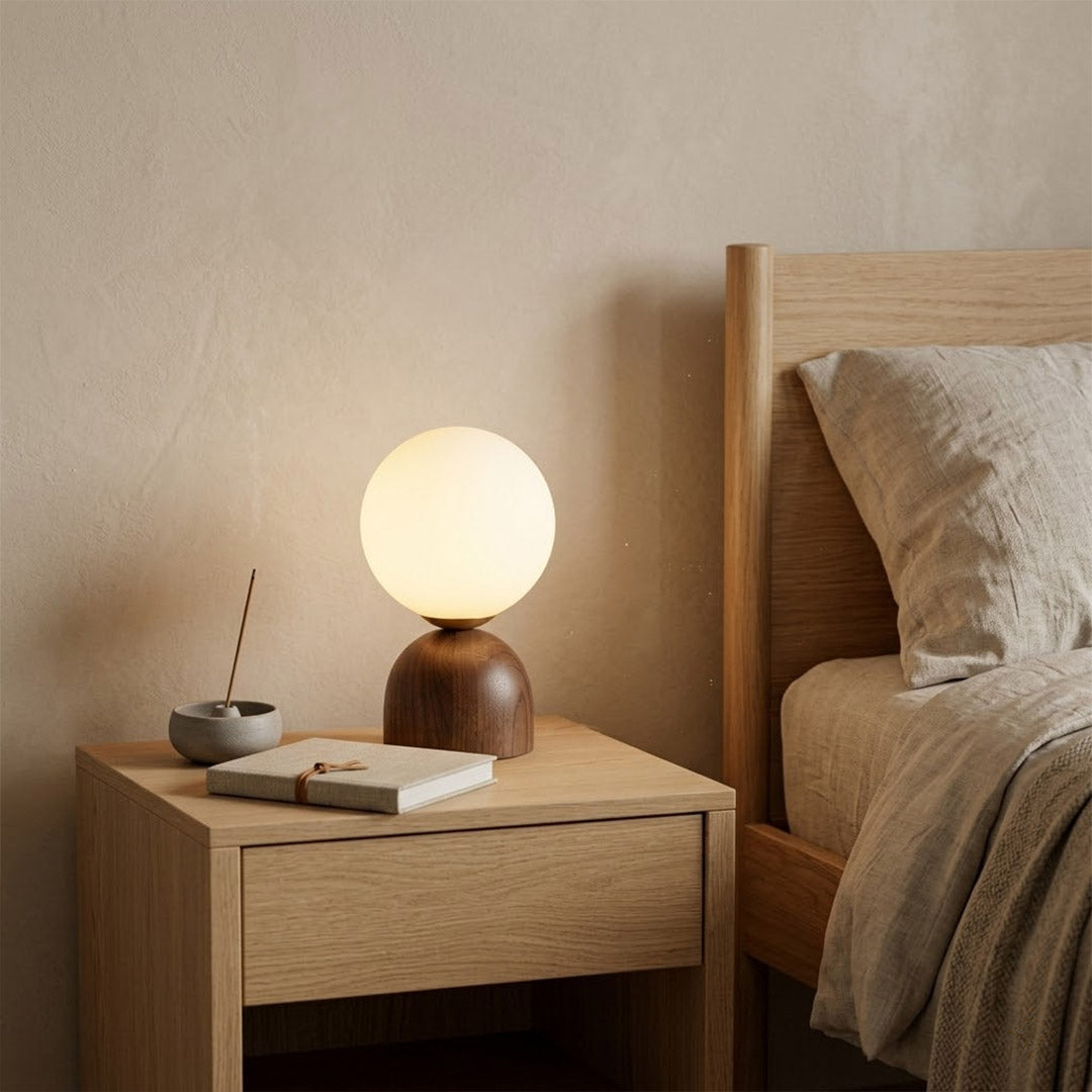 Nomo Wood Table Lamp – Solid Walnut Oval Base with Frosted Glass Dome | Stuberlighting