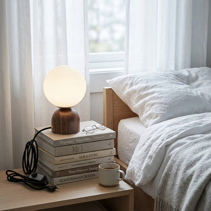 Nomo Wood Table Lamp – Solid Walnut Oval Base with Frosted Glass Dome | Stuberlighting