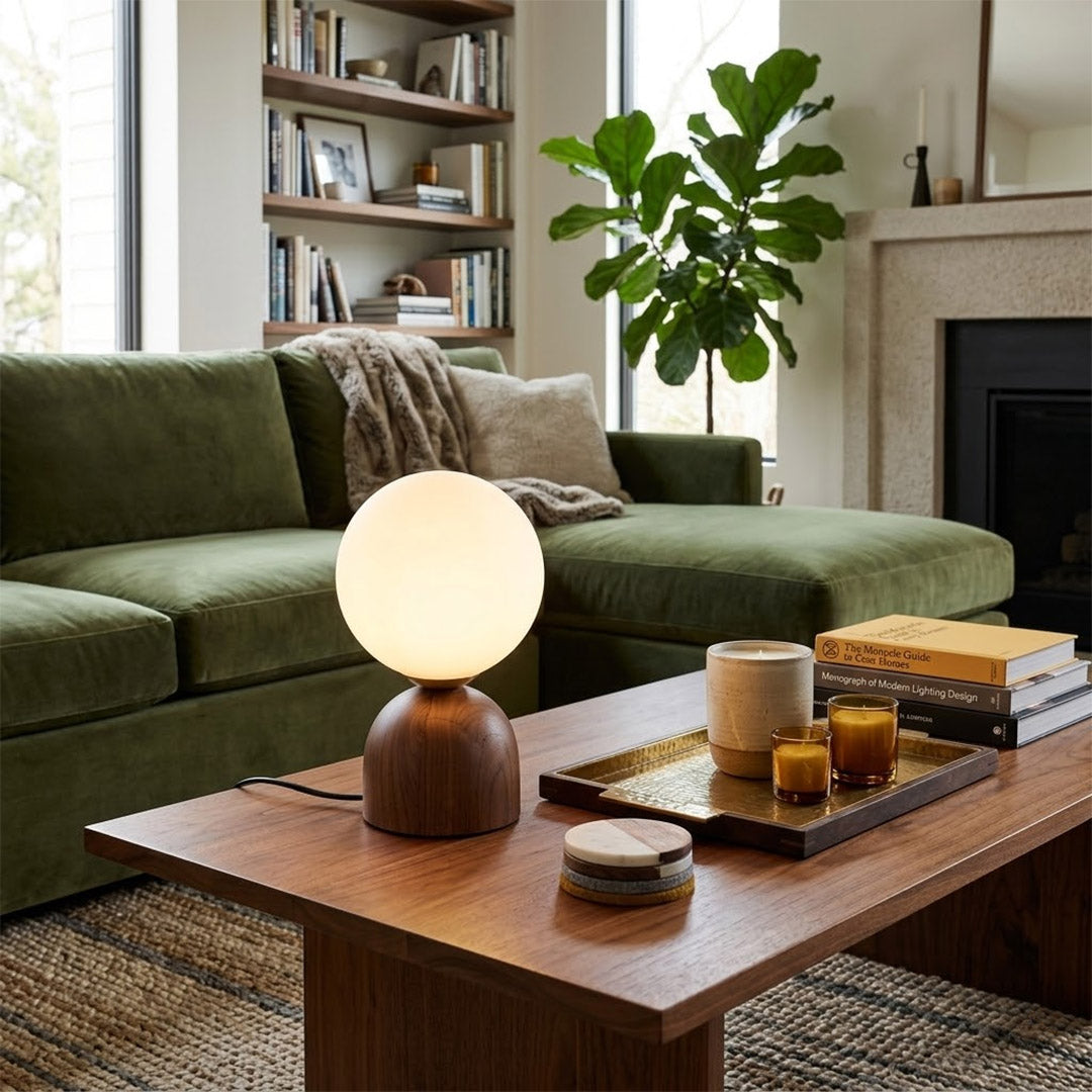 Nomo Wood Table Lamp – Solid Walnut Oval Base with Frosted Glass Dome | Stuberlighting