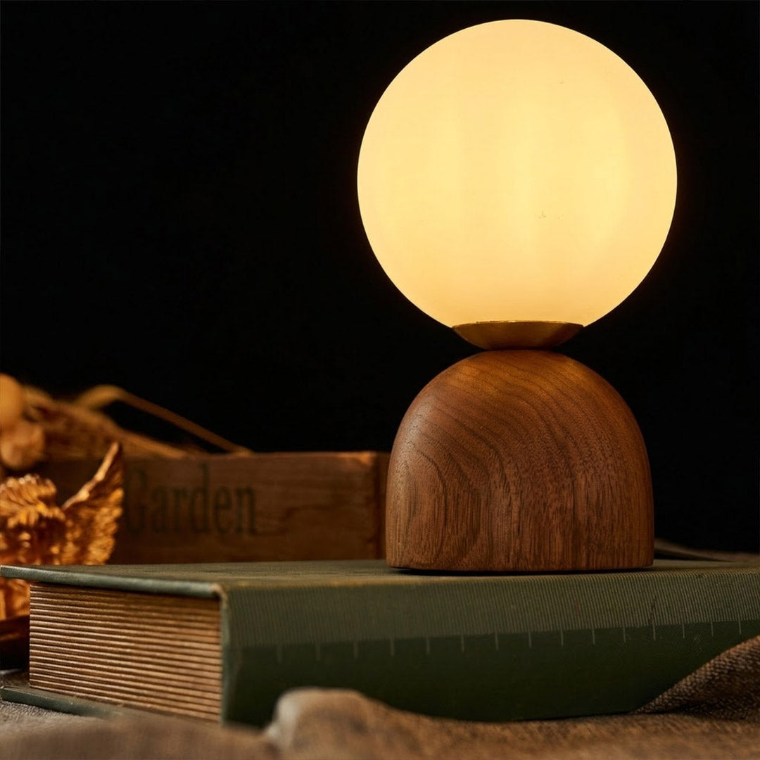 Nomo Wood Table Lamp – Solid Walnut Oval Base with Frosted Glass Dome | Stuberlighting