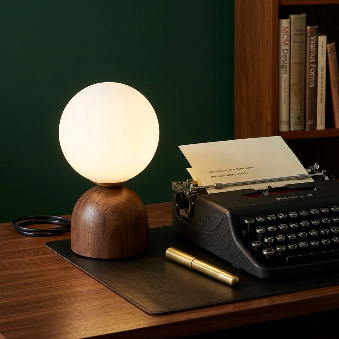 Nomo Wood Table Lamp – Solid Walnut Oval Base with Frosted Glass Dome | Stuberlighting