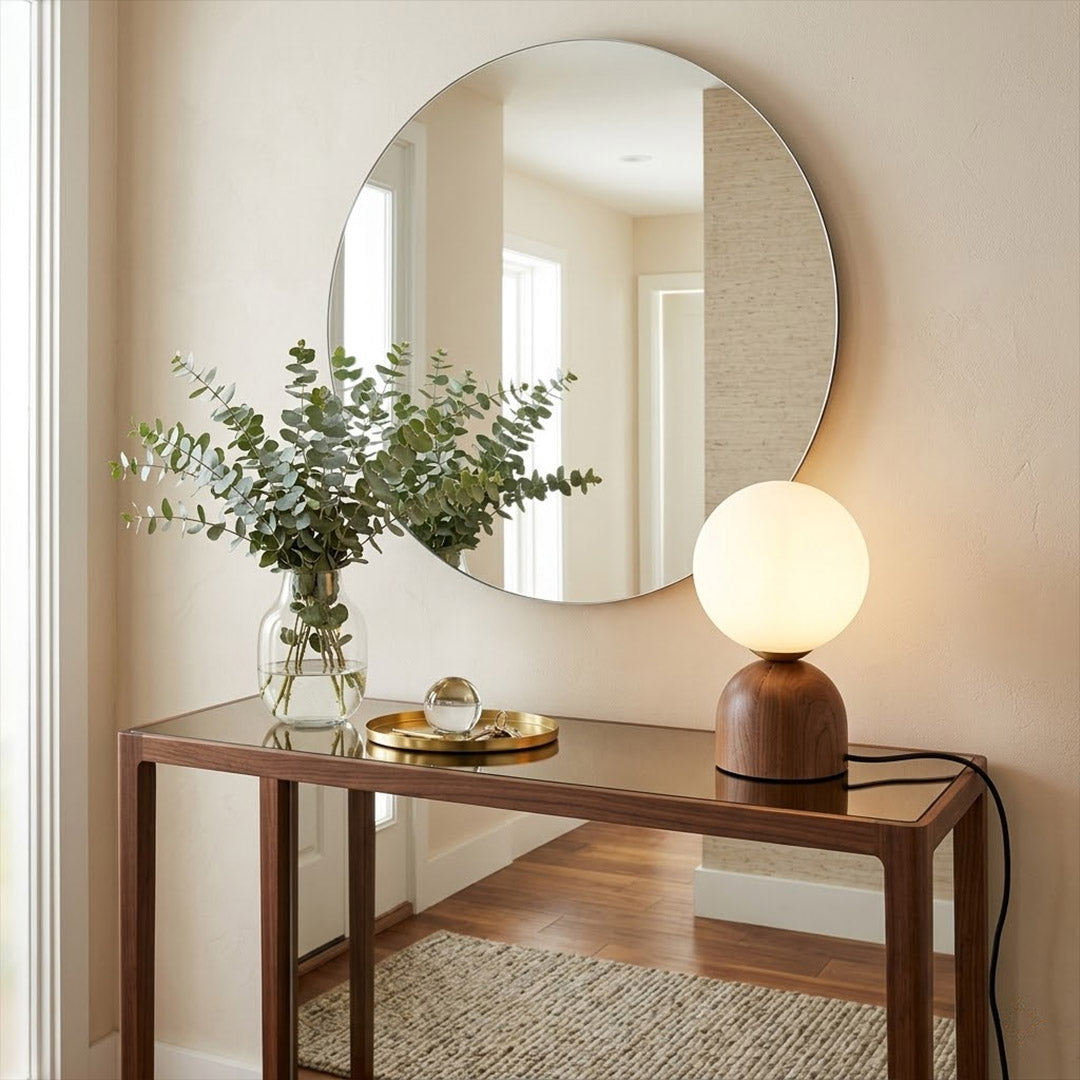 Nomo Wood Table Lamp – Solid Walnut Oval Base with Frosted Glass Dome | Stuberlighting