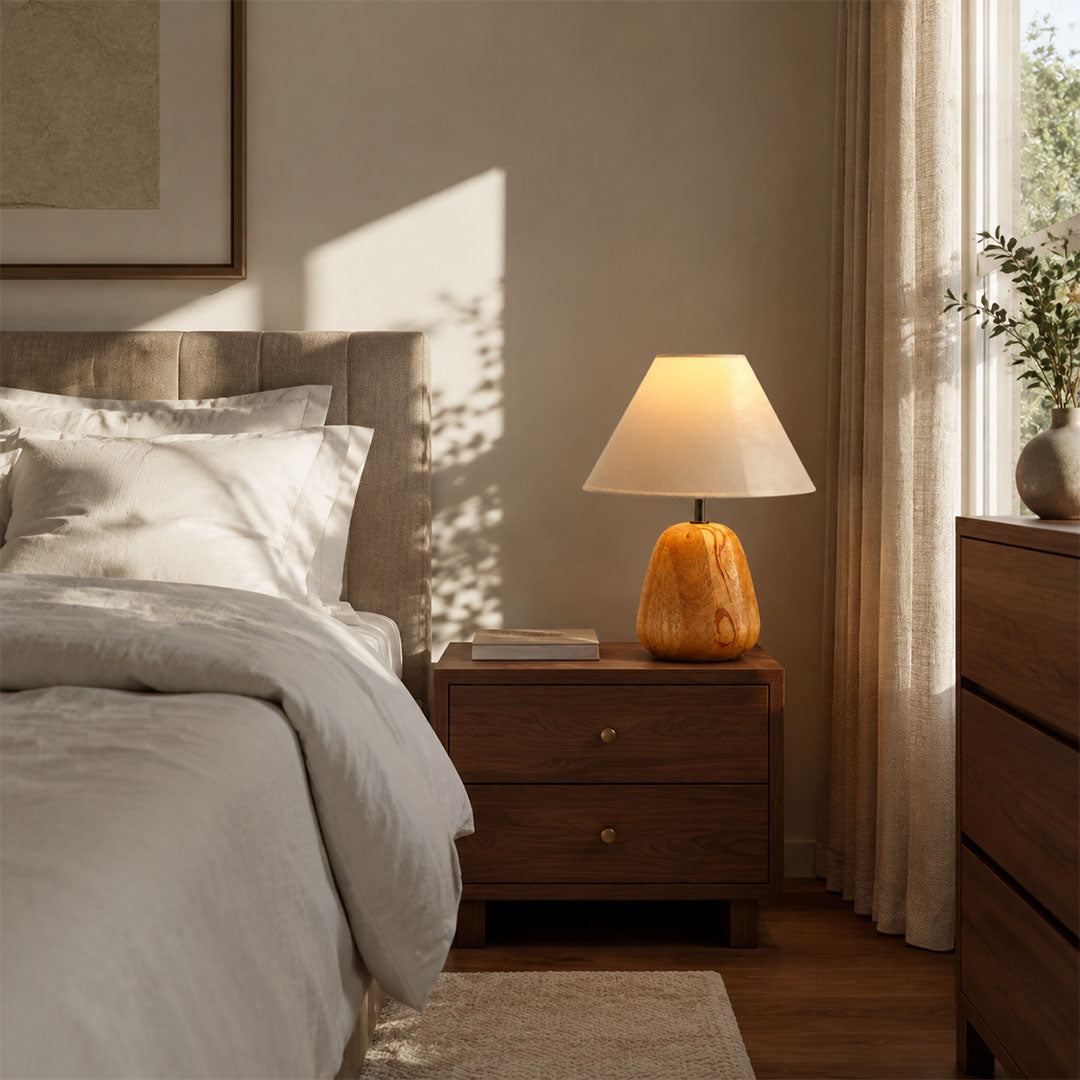 Nord wood table lamp bedroom nightstand bedside warm glow natural wood white fabric rustic cozy American home lifestyle interior styled