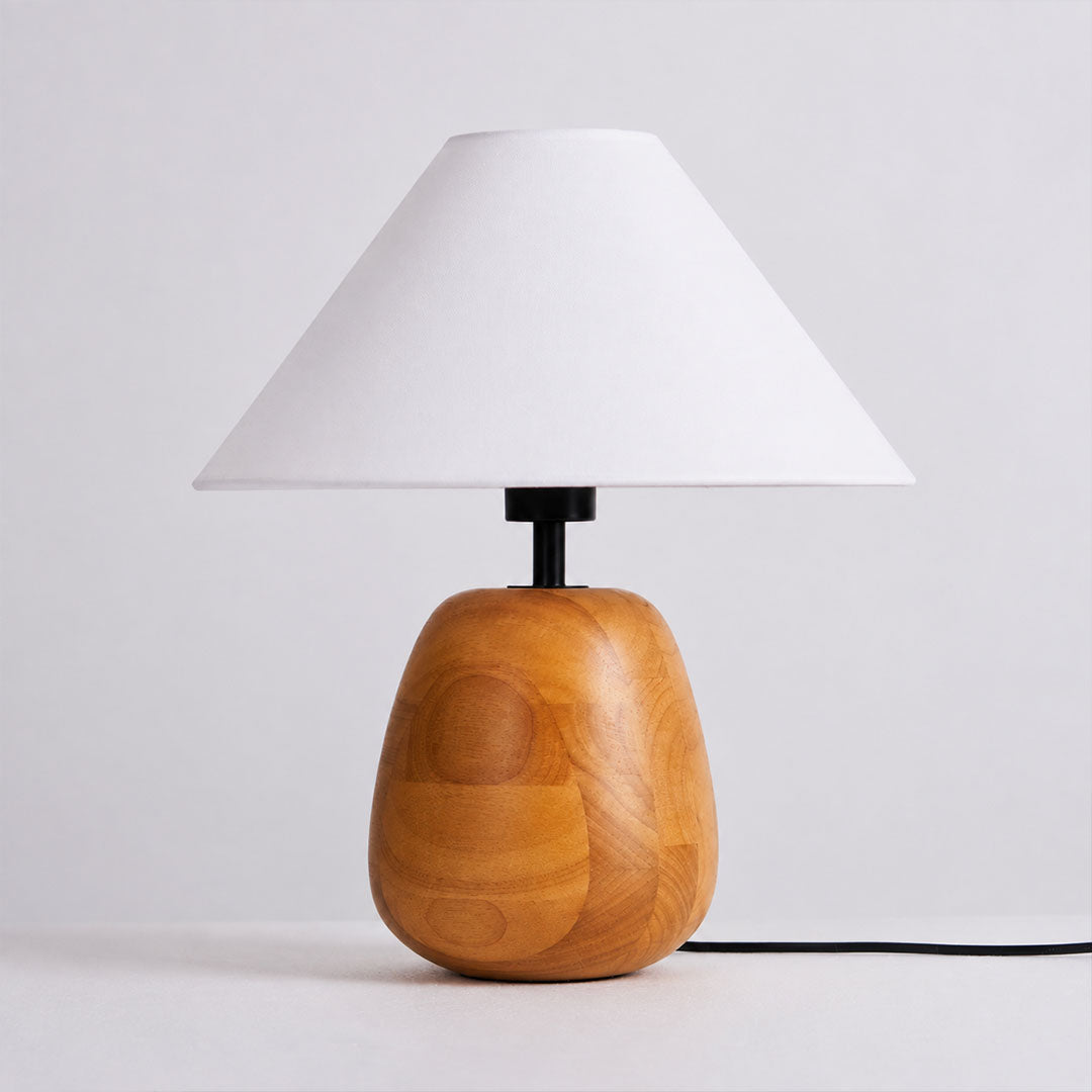 Nord wood table lamp natural wood base white fabric shade rustic minimalist white background front view