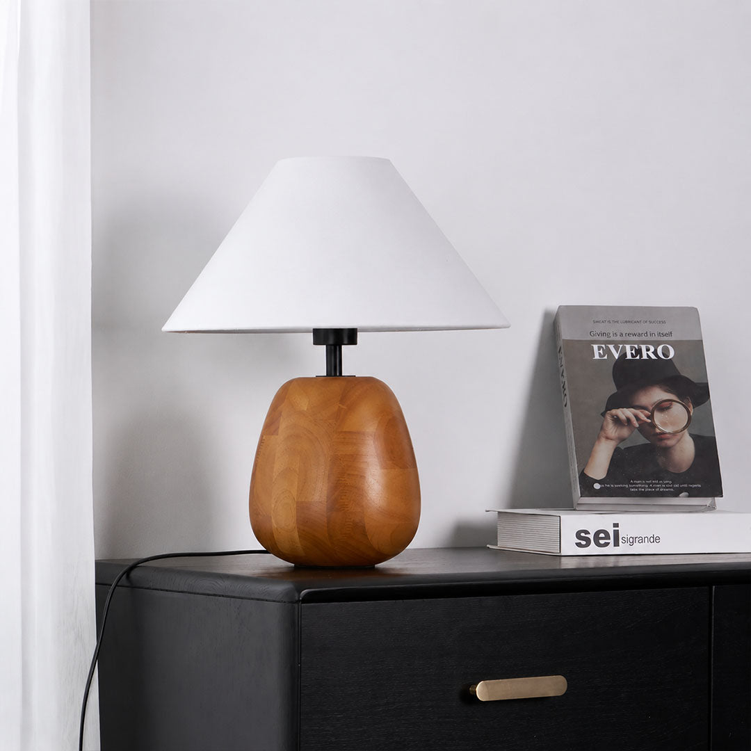 Nord wood table lamp living room side table warm glow natural wood white fabric farmhouse American home lifestyle interior styled