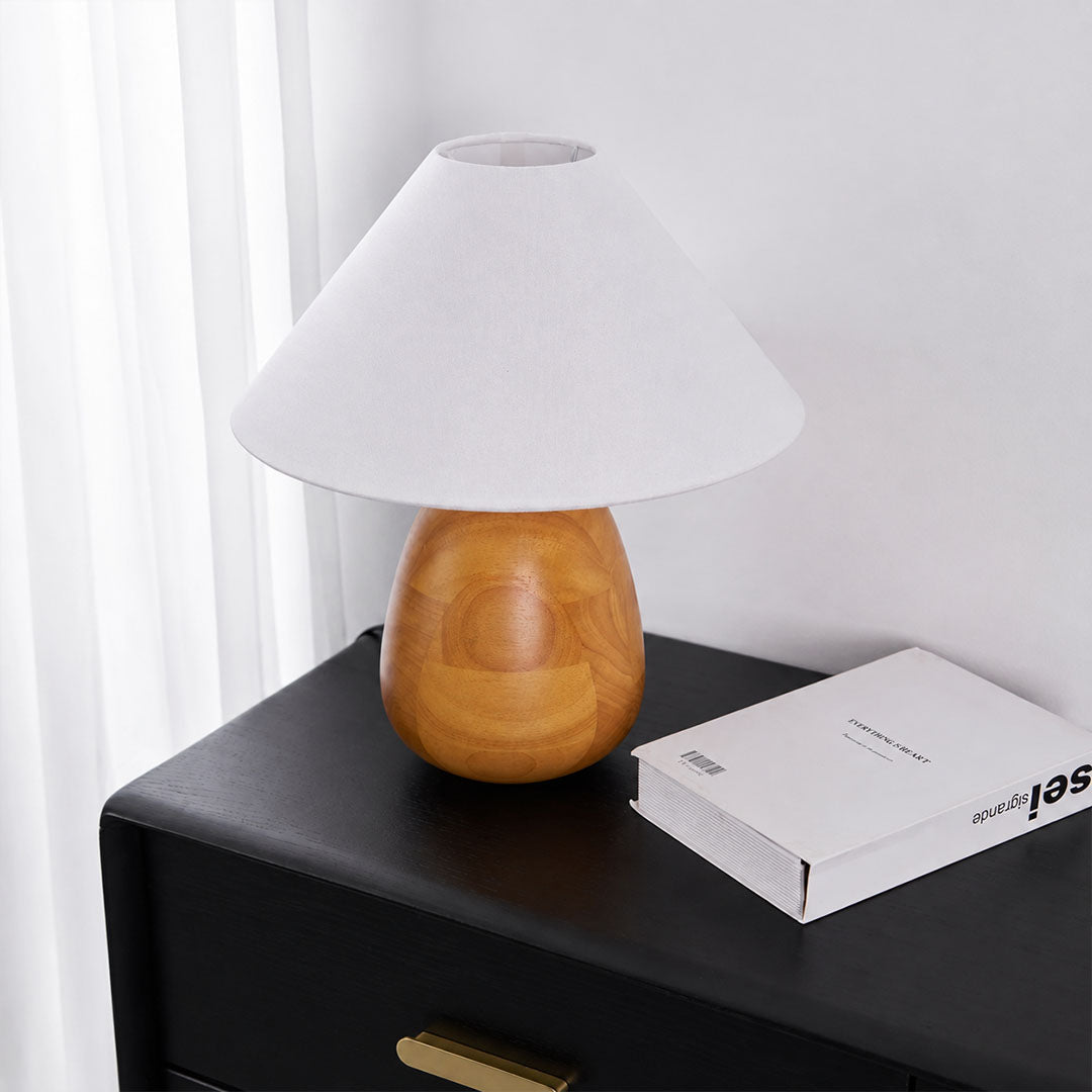 Nord wood table lamp living room side table warm glow natural wood white fabric farmhouse American home lifestyle interior styled