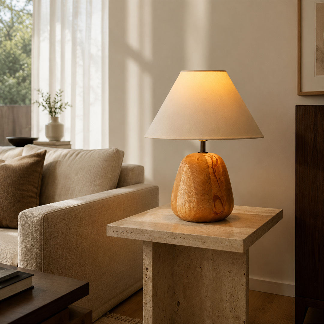 Nord wood table lamp living room side table warm glow natural wood white fabric farmhouse American home lifestyle interior styled