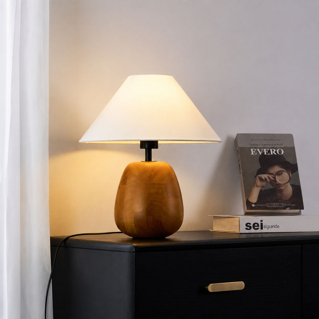 Nord wood table lamp living room side table warm glow natural wood white fabric farmhouse American home lifestyle interior styled