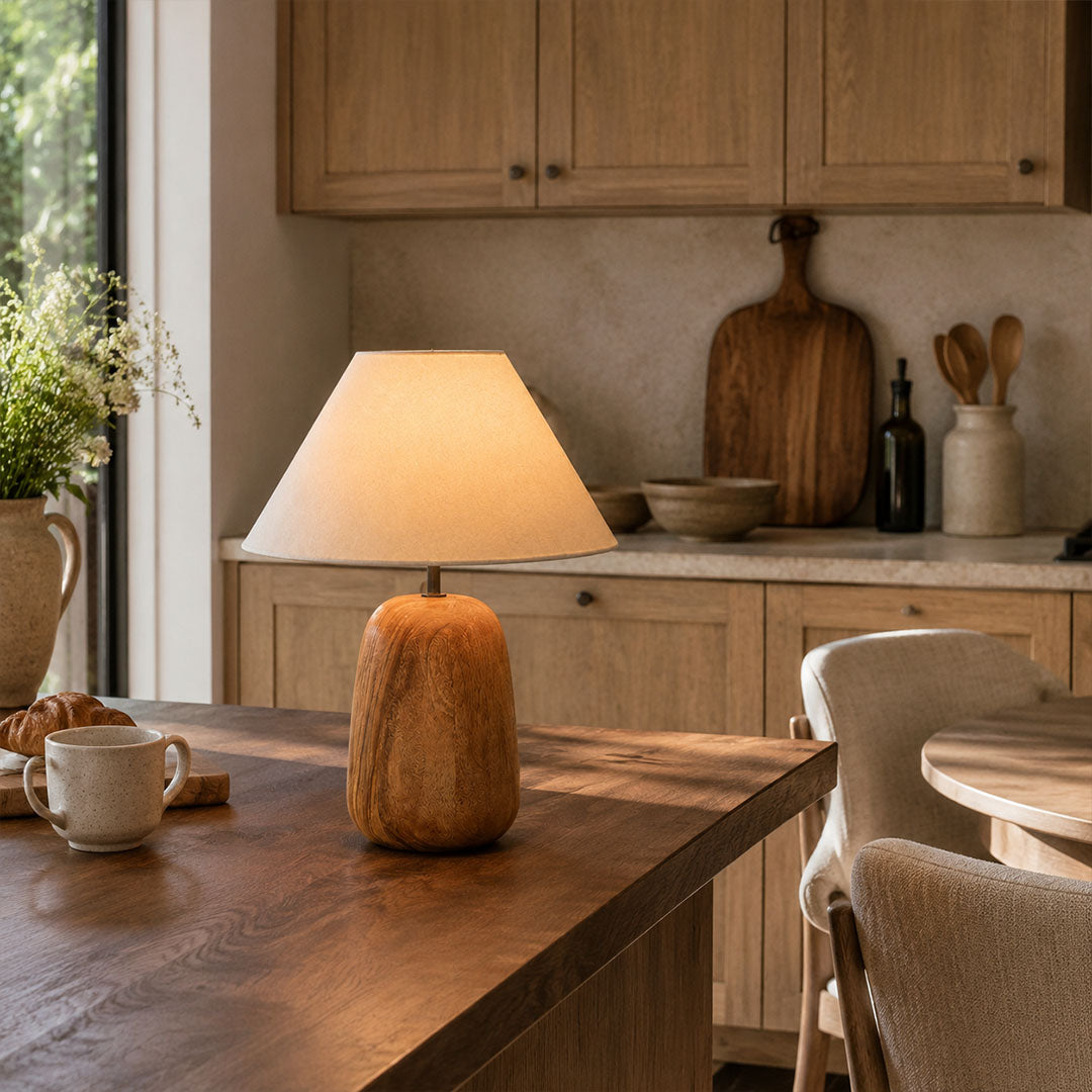 Nord wood table lamp living room side table warm glow natural wood white fabric farmhouse American home lifestyle interior styled