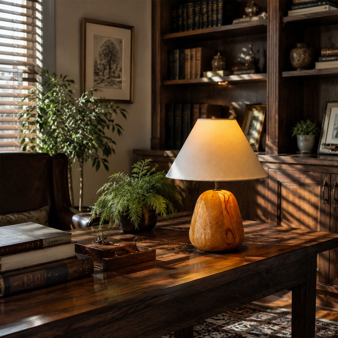 Nord wood table lamp study desk warm glow natural wood white fabric rustic American home lifestyle interior styled