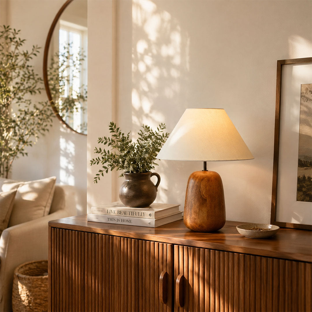 Nord wood table lamp entryway console illuminated warm glow natural wood white fabric American home lifestyle interior styled