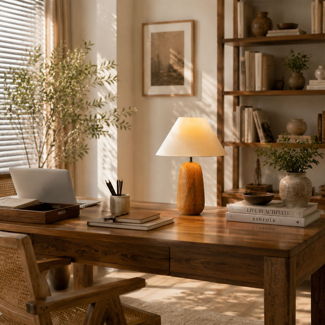 Nord wood table lamp study desk warm glow natural wood white fabric rustic American home lifestyle interior styled