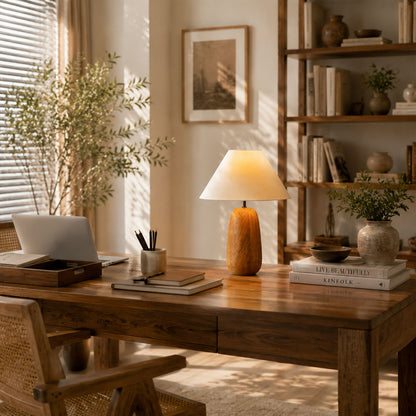 Nord wood table lamp study desk warm glow natural wood white fabric rustic American home lifestyle interior styled