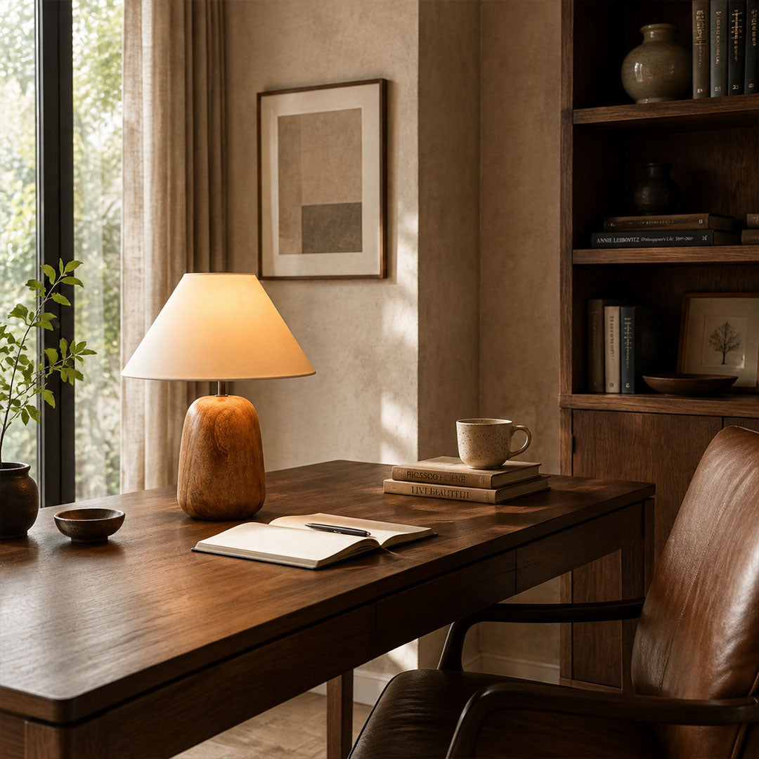 Nord wood table lamp study desk warm glow natural wood white fabric rustic American home lifestyle interior styled