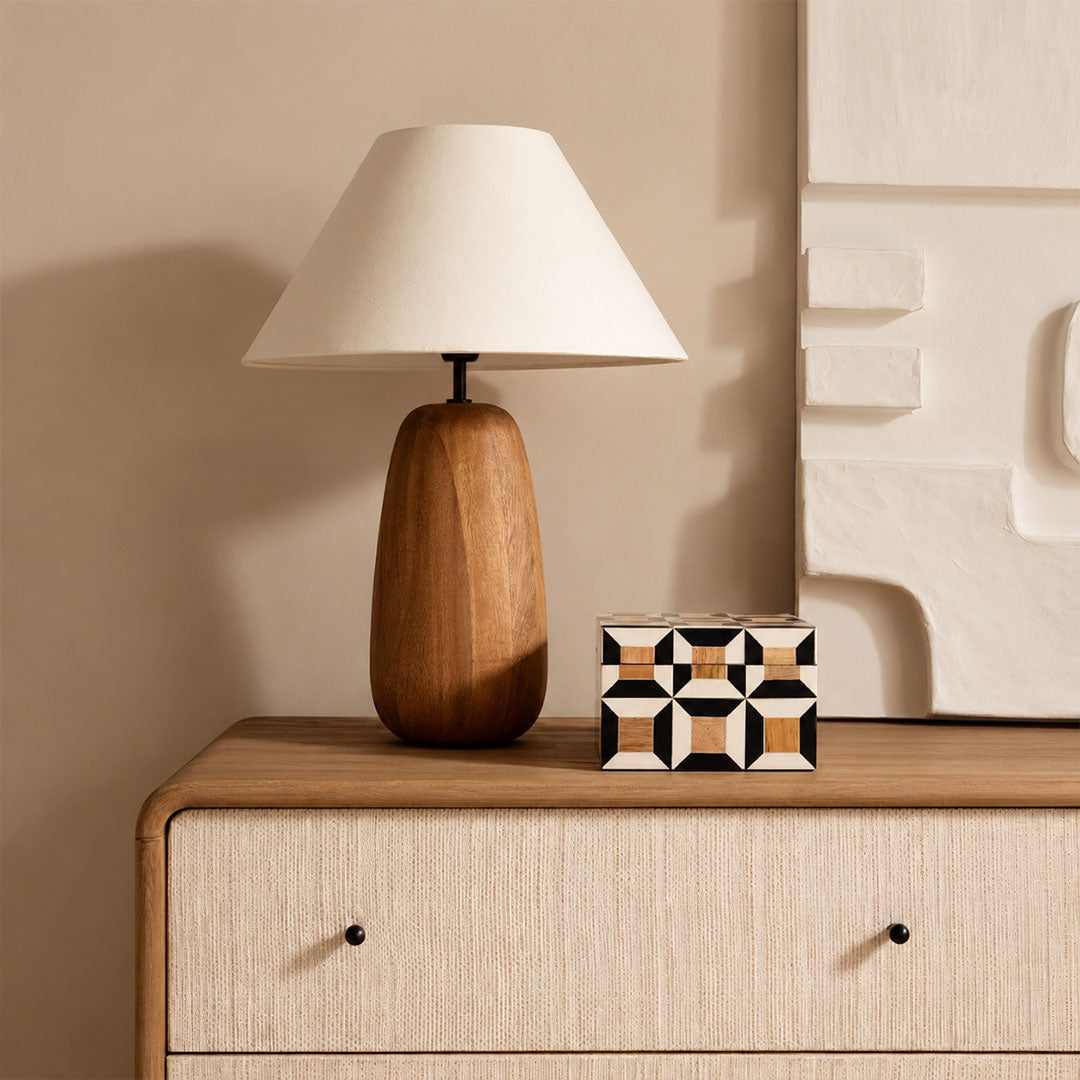 Nord wood table lamp entryway console illuminated warm glow natural wood white fabric American home lifestyle interior styled