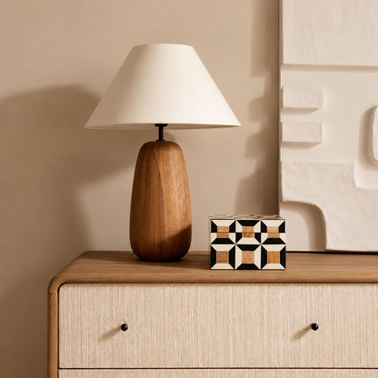Nord wood table lamp entryway console illuminated warm glow natural wood white fabric American home lifestyle interior styled