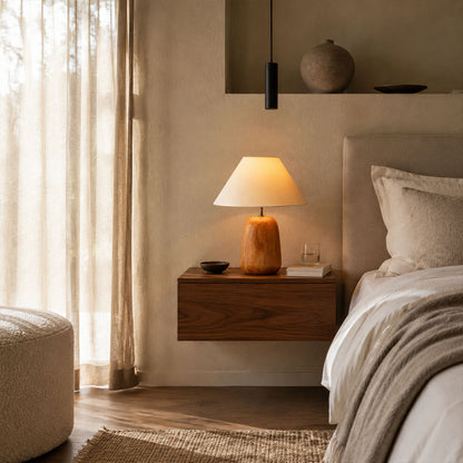 Nord wood table lamp bedroom nightstand bedside warm glow natural wood white fabric rustic cozy American home lifestyle interior styled