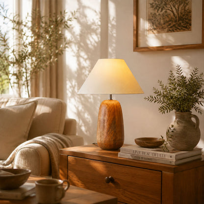 Nord wood table lamp living room side table warm glow natural wood white fabric farmhouse American home lifestyle interior styled