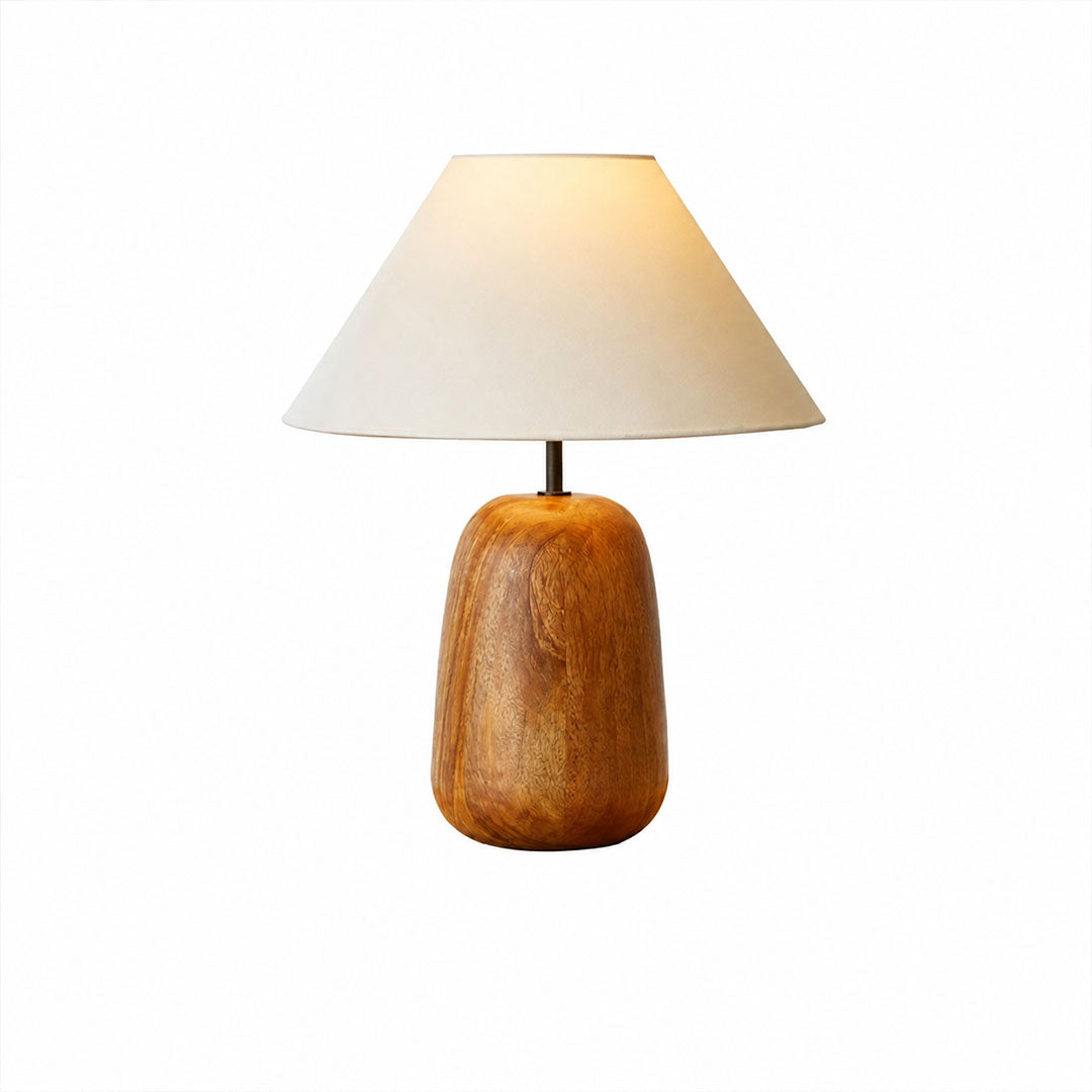 Nord wood table lamp natural wood base white fabric shade rustic minimalist white background front view